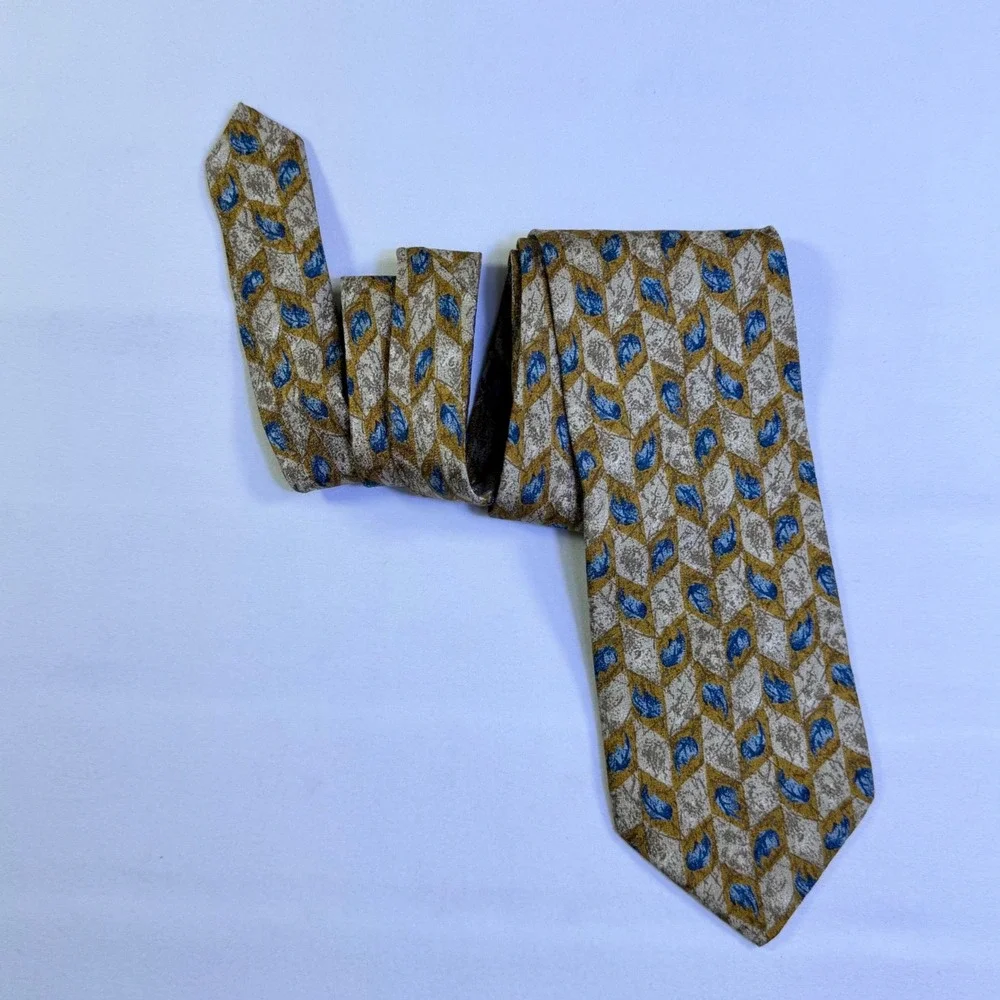 Canali Made in Italy 100% Silk Tie Gold Blue Leaf Geometric Men's Necktie